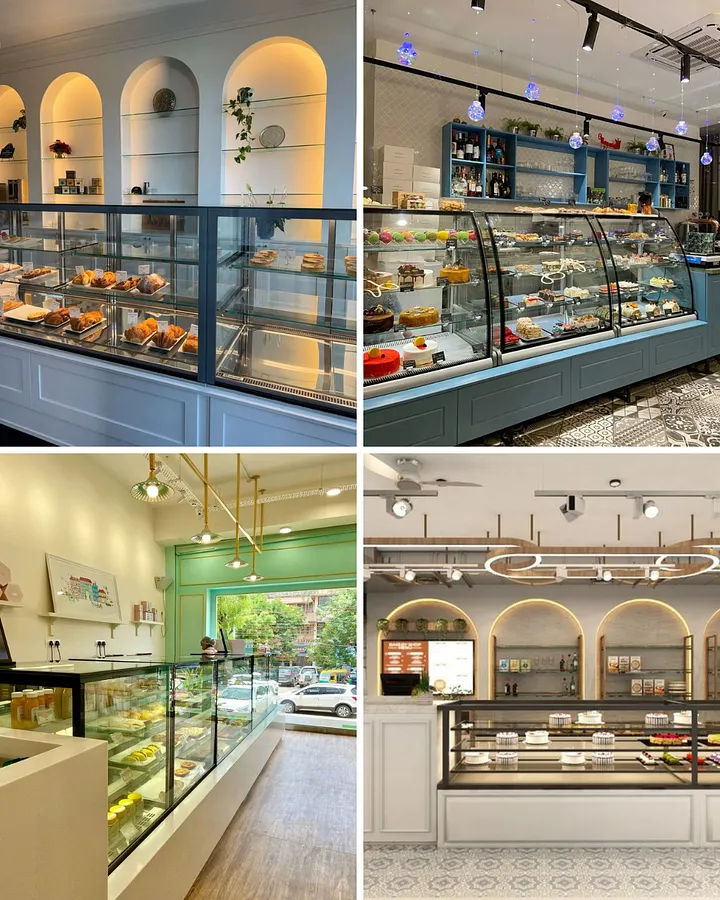 Different bakery concepts: boutique bakery, cafe bakery, classic bakery, and modern bakery collage